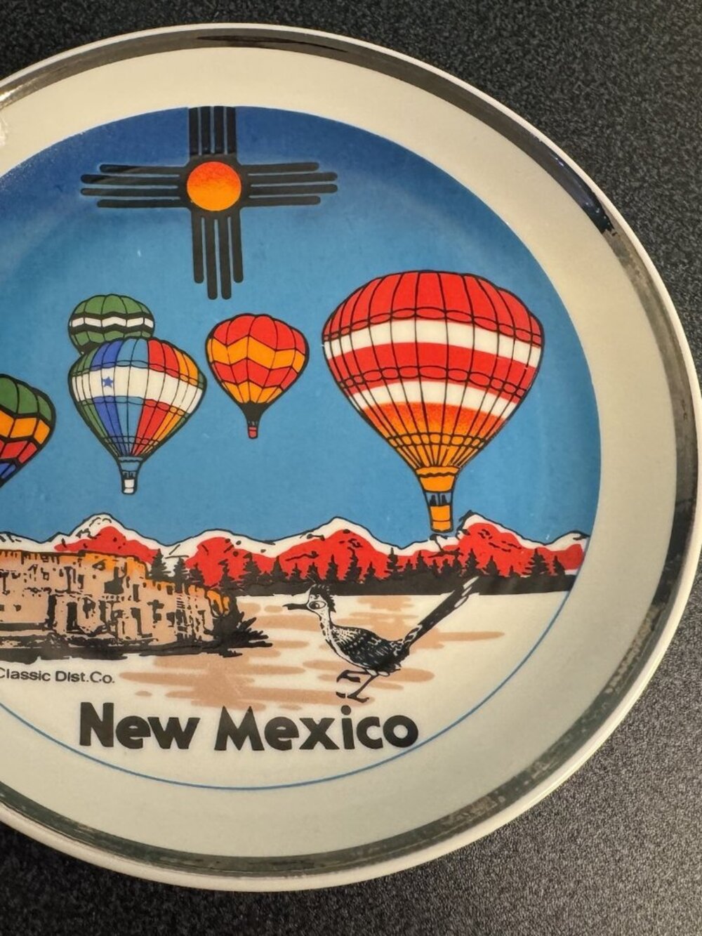 New Mexico Vintage Souvenir State Plate Silver Trim Hot Air Balloon Zia 7.25" - Picture 3 of 4